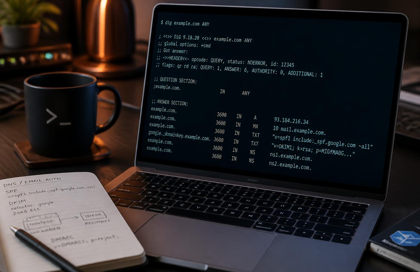 Terminal showing SPF, DKIM and DMARC DNS records during a Hudson Relay Systems audit