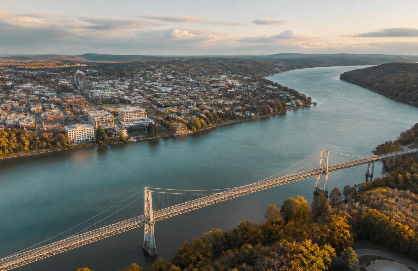 Aerial view of Poughkeepsie and the Hudson River, home of Hudson Relay Systems